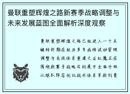 曼联重塑辉煌之路新赛季战略调整与未来发展蓝图全面解析深度观察